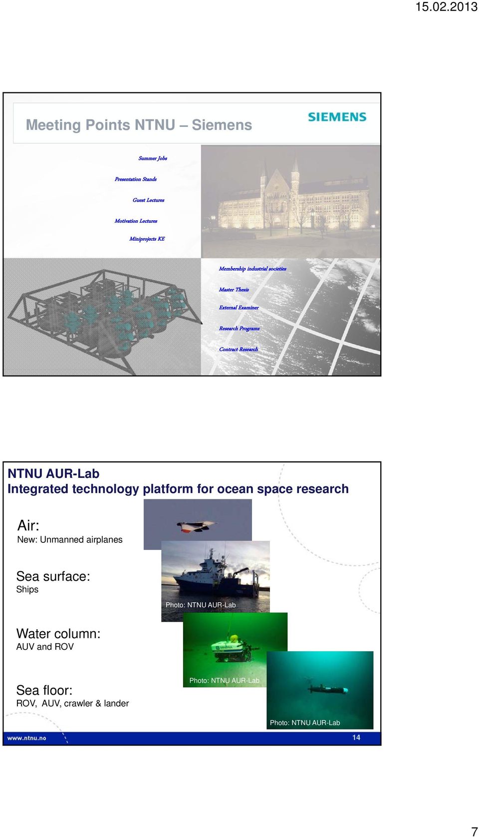 platform for ocean space research Air: New: Unmanned airplanes Sea surface: Ships Photo: NTNU AUR-Lab Water column: AUV and