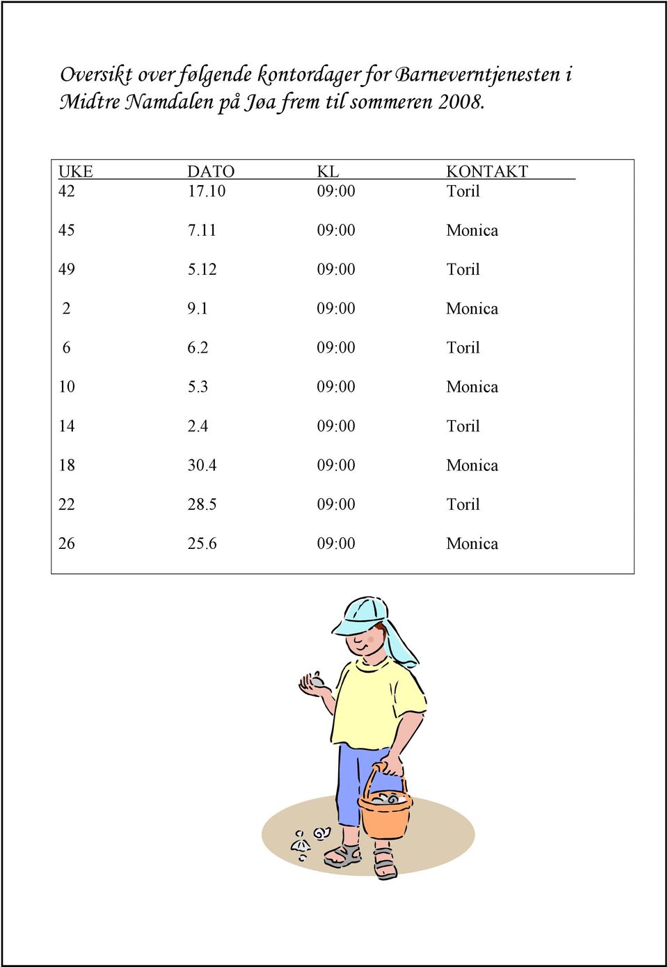 11 09:00 Monica 49 5.12 09:00 Toril 2 9.1 09:00 Monica 6 6.2 09:00 Toril 10 5.