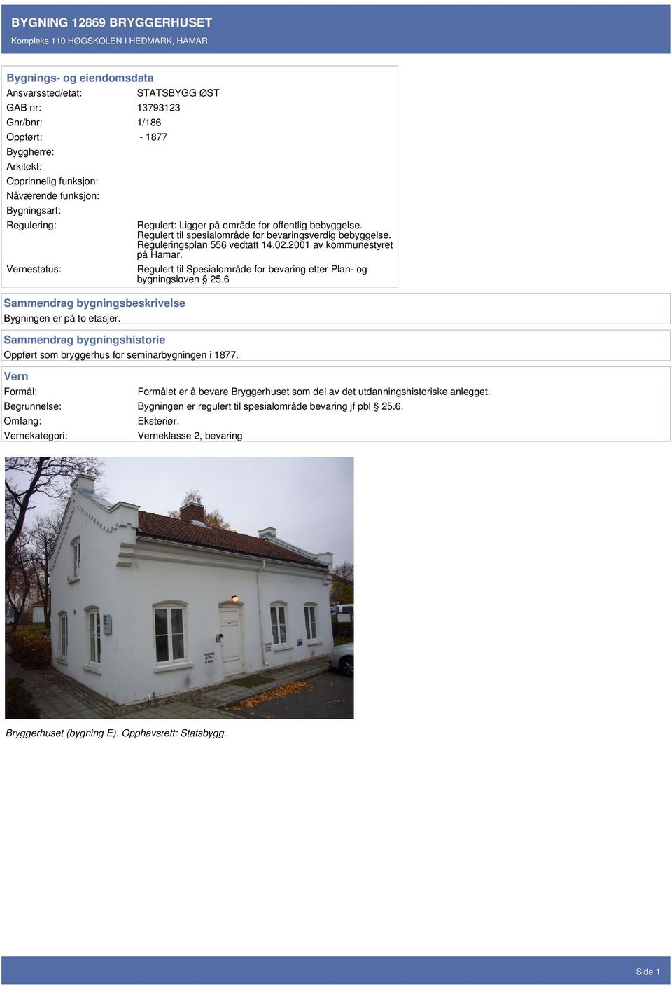 Regulert til spesialområde for bevaringsverdig bebyggelse. Reguleringsplan 556 vedtatt 14.02.2001 av kommunestyret på Hamar.
