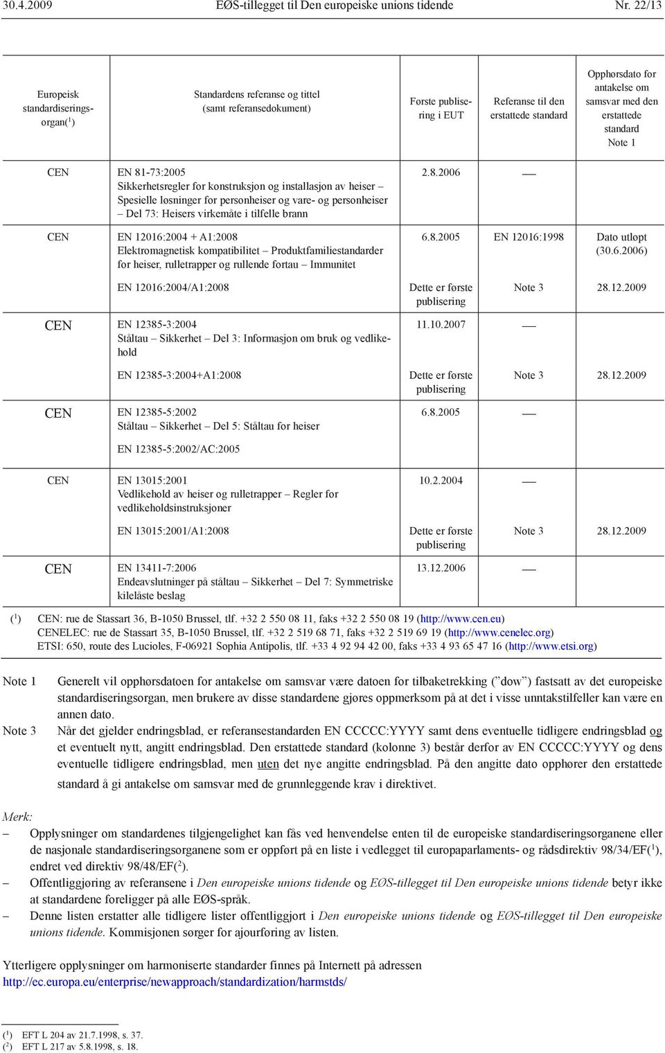 med den erstattede standard Note 1 CEN EN 81-73:2005 Sikkerhetsregler for konstruksjon og installasjon av heiser Spesielle løsninger for personheiser og vare- og personheiser Del 73: Heisers