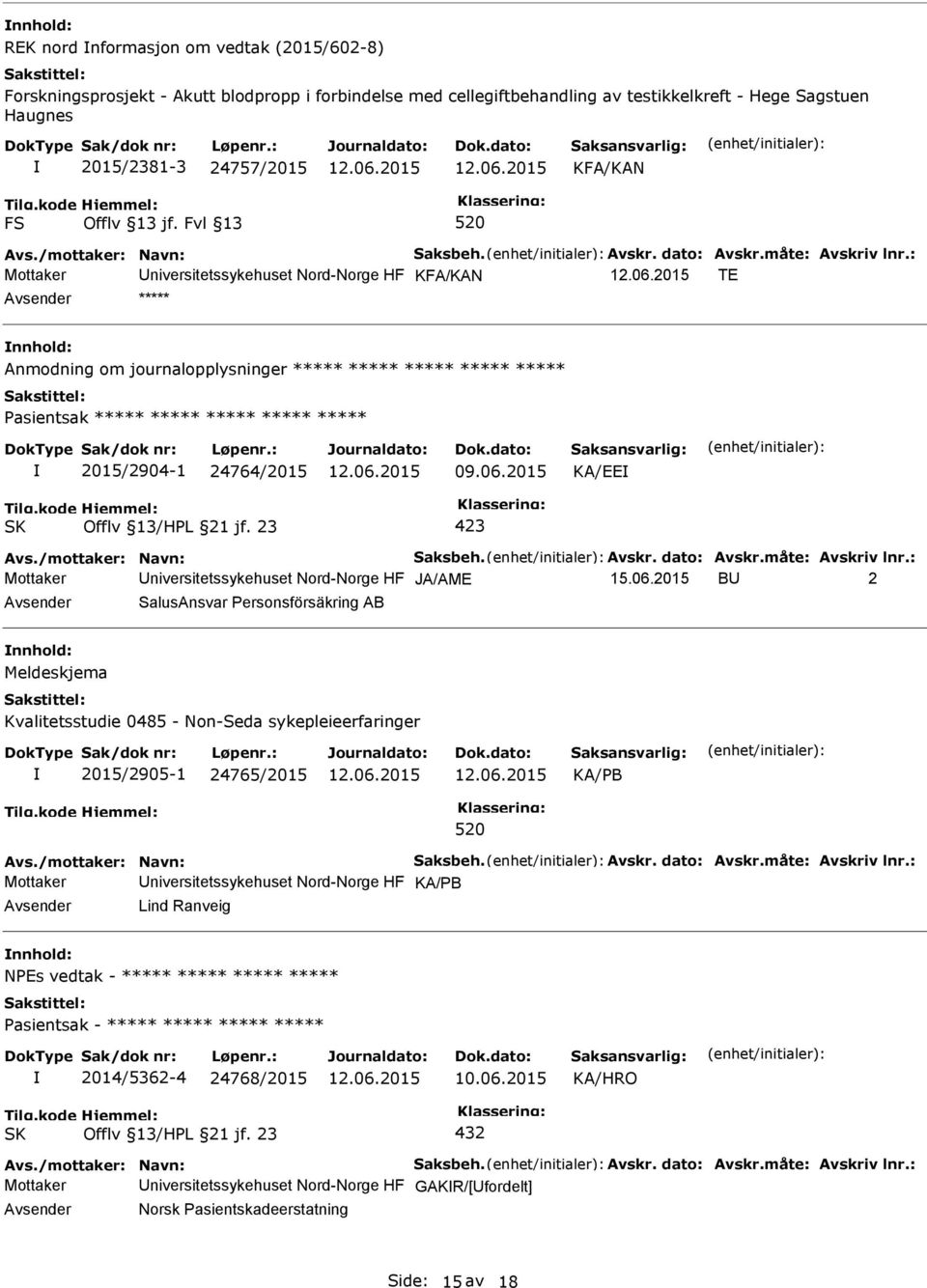 : Mottaker niversitetssykehuset Nord-Norge HF KFA/KAN TE ***** Anmodning om journalopplysninger ***** ***** ***** ***** ***** asientsak ***** ***** ***** ***** ***** 2015/2904-1 24764/2015 09.06.
