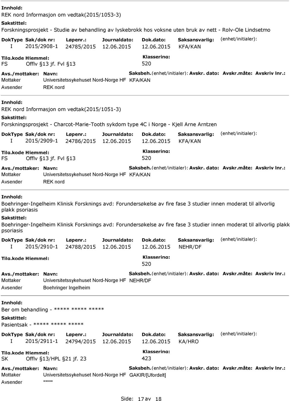 : Mottaker niversitetssykehuset Nord-Norge HF KFA/KAN REK nord REK nord nformasjon om vedtak(2015/1051-3) Forskningsprosjekt - Charcot-Marie-Tooth sykdom type 4C i Norge - Kjell Arne Arntzen