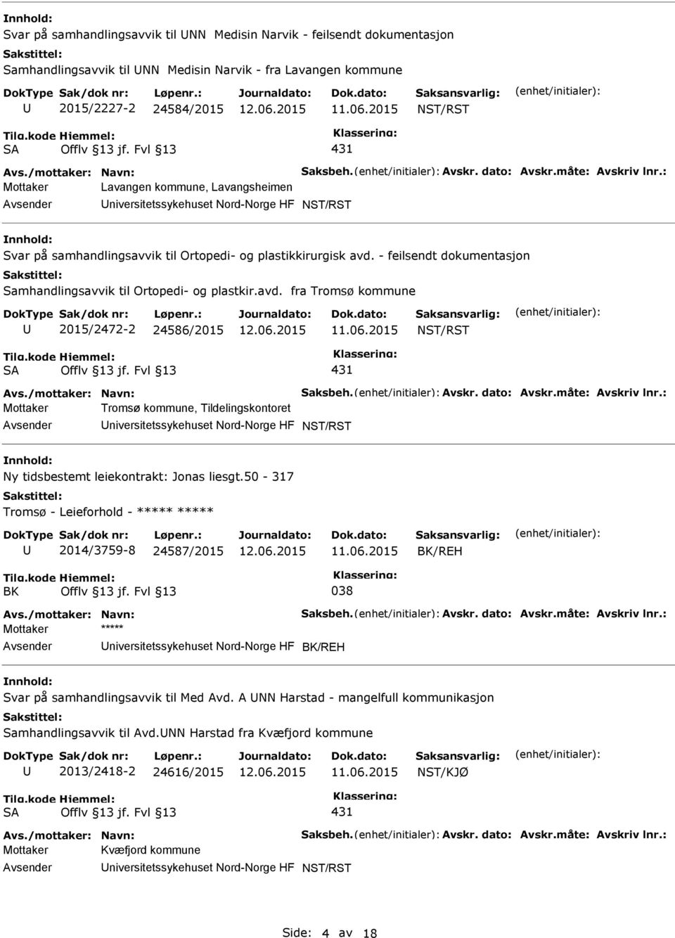 : Mottaker Lavangen kommune, Lavangsheimen niversitetssykehuset Nord-Norge HF NST/RST Svar på samhandlingsavvik til Ortopedi- og plastikkirurgisk avd.