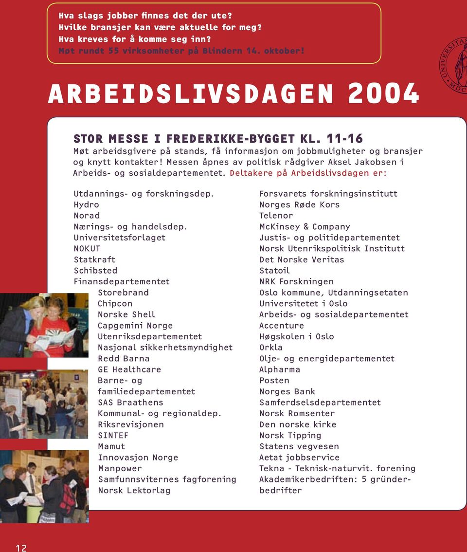 Messen åpnes av politisk rådgiver Aksel Jakobsen i Arbeids- og sosialdepartementet. Deltakere på Arbeidslivsdagen er: Utdannings- og forskningsdep. Hydro Norad Nærings- og handelsdep.