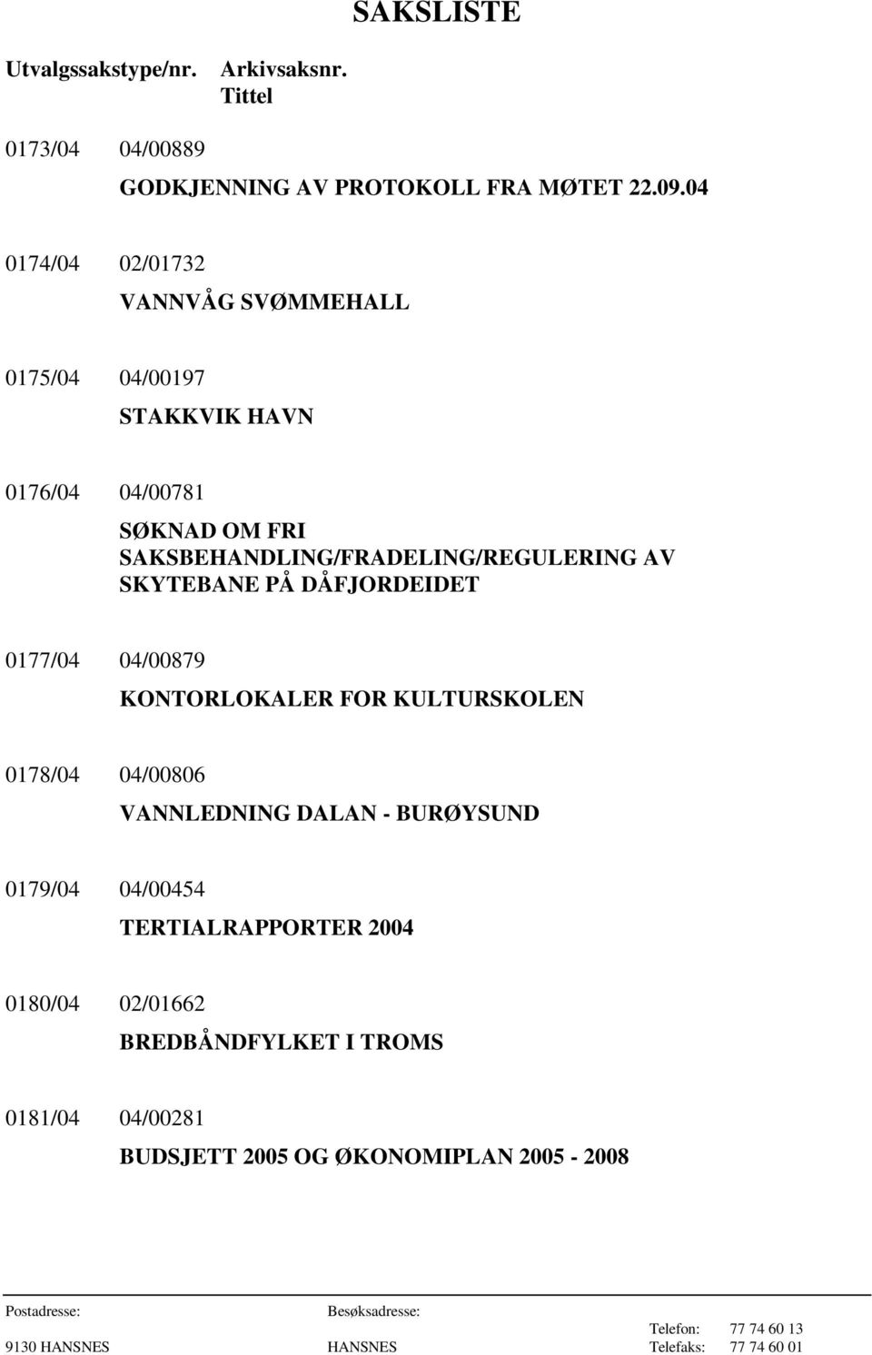 SAKSBEHANDLING/FRADELING/REGULERING AV SKYTEBANE PÅ DÅFJORDEIDET 0177/04 04/00879 KONTORLOKALER FOR KULTURSKOLEN 0178/04