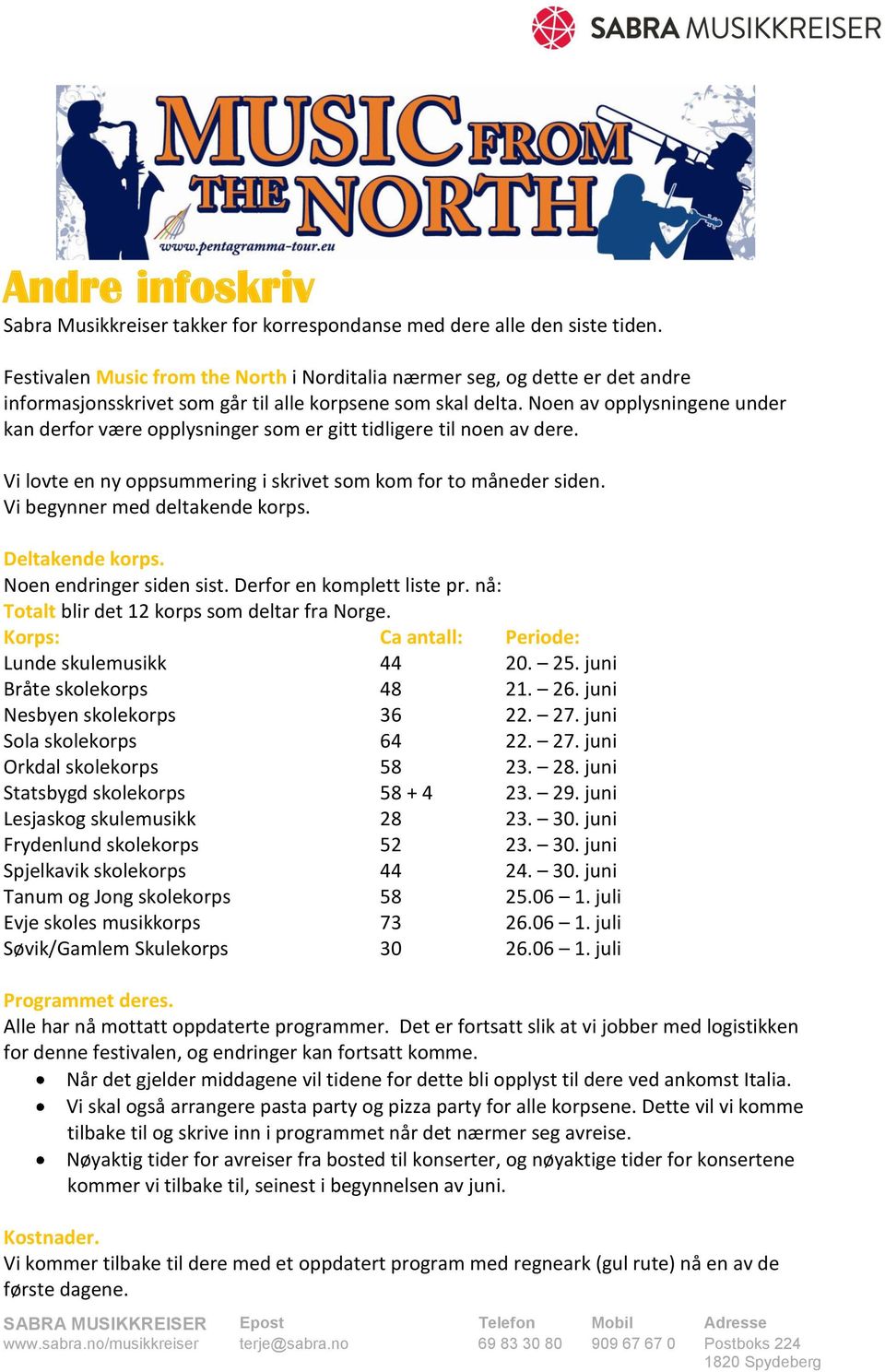 Noen av opplysningene under kan derfor være opplysninger som er gitt tidligere til noen av dere. Vi lovte en ny oppsummering i skrivet som kom for to måneder siden. Vi begynner med deltakende korps.