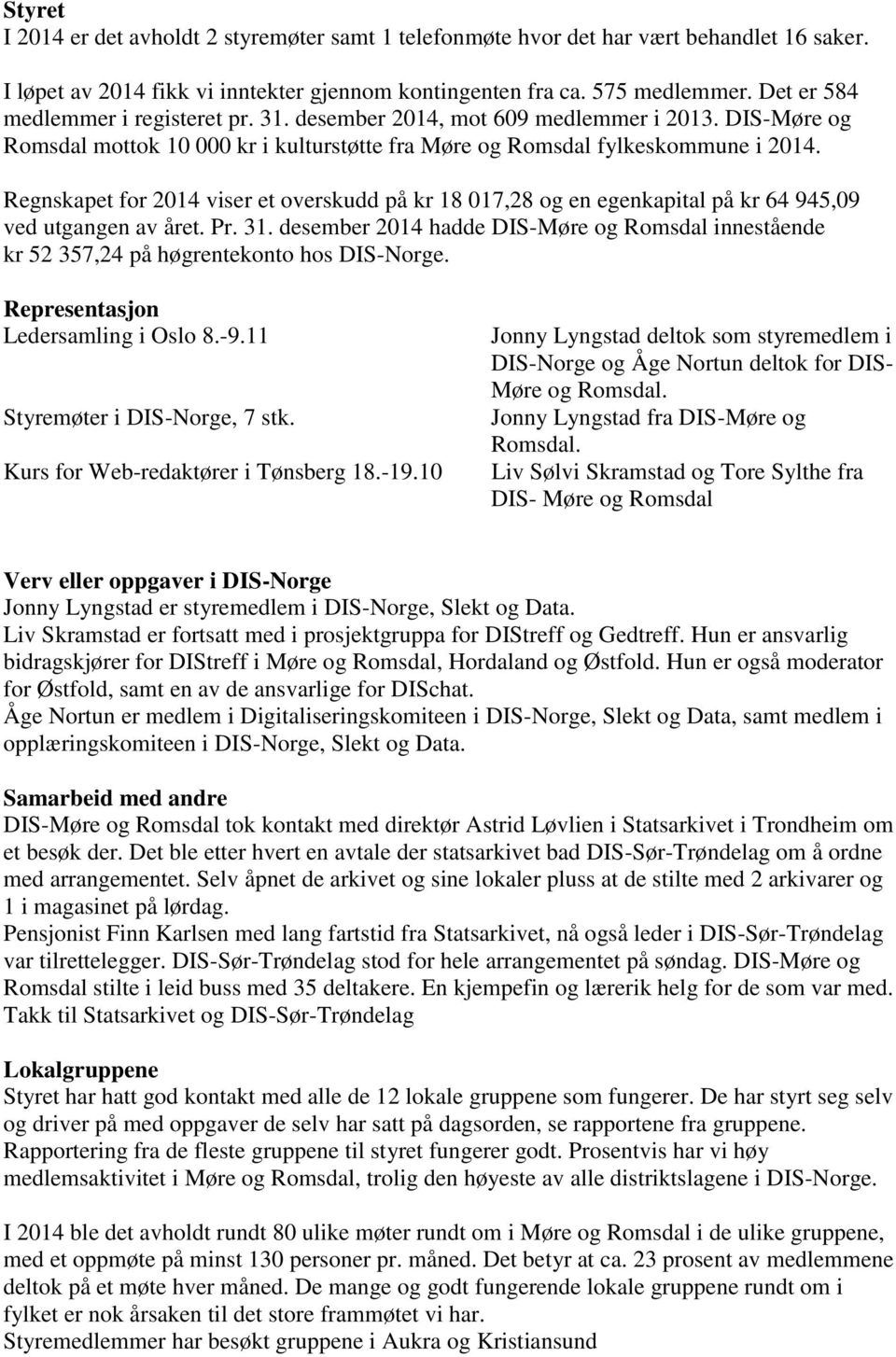 Regnskapet for 2014 viser et overskudd på kr 18 017,28 og en egenkapital på kr 64 945,09 ved utgangen av året. Pr. 31.