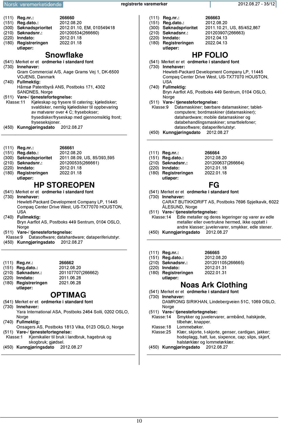 svaldisker, nemlig kjøledisker til oppbevaring av matvarer over 4 C; frysebokser; frysedisker/fryseskap med gjennomsiktig front; fryseseksjoner. (111) Reg.nr.: 266663 (151) Reg.dato.: 2012.08.