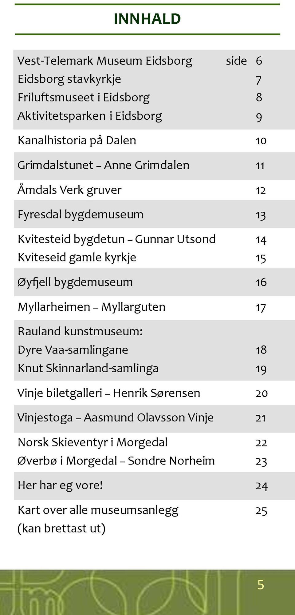 bygdemuseum 16 Myllarheimen Myllarguten 17 Rauland kunstmuseum: Dyre Vaa-samlingane 18 Knut Skinnarland-samlinga 19 Vinje biletgalleri Henrik Sørensen 20