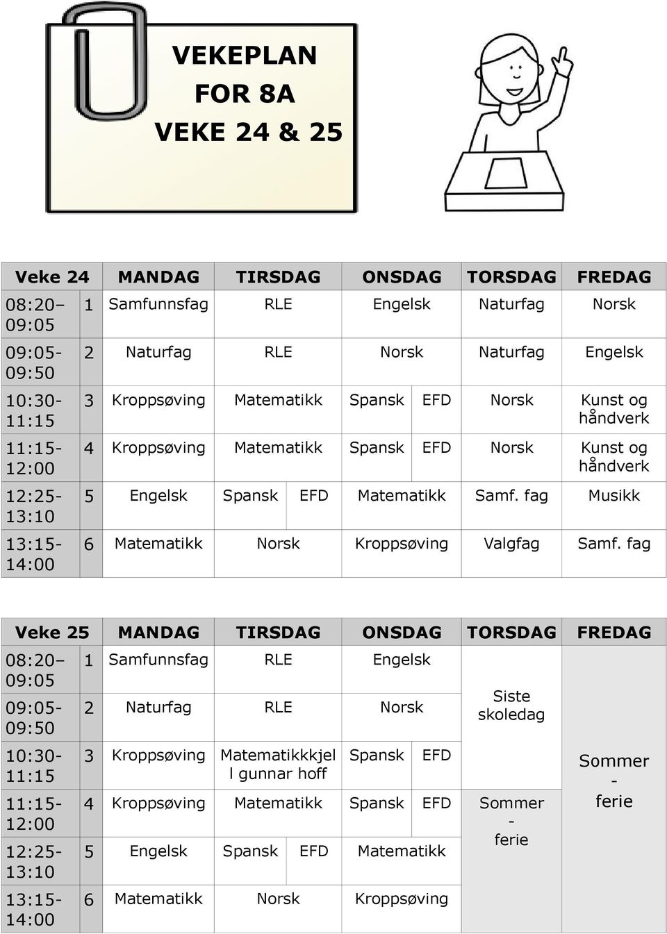 fag Musikk 6 Matematikk Norsk Kroppsøving Valgfag Samf.