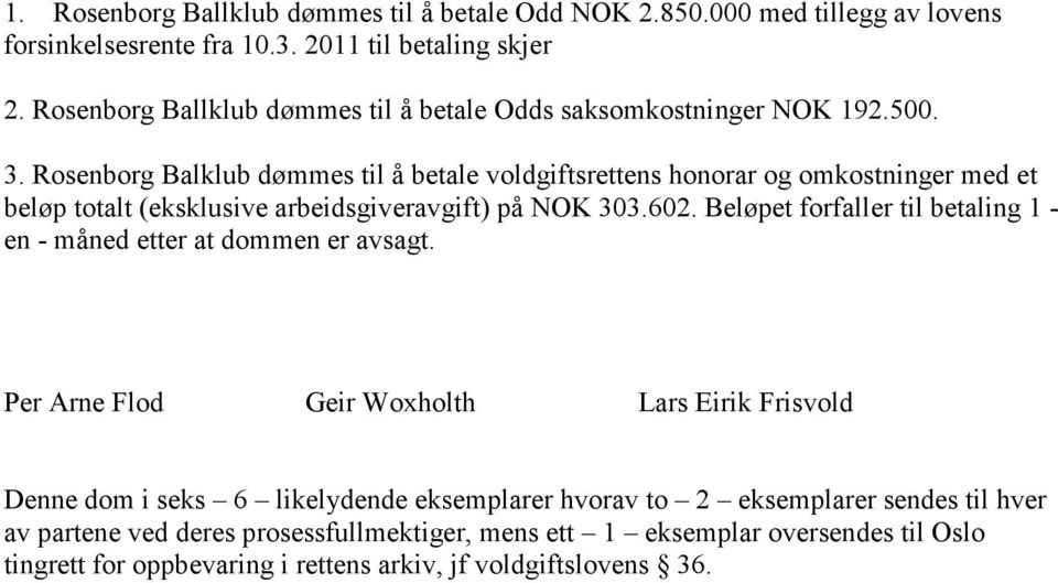 Rosenborg Balklub dømmes til å betale voldgiftsrettens honorar og omkostninger med et beløp totalt (eksklusive arbeidsgiveravgift) på NOK 303.602.