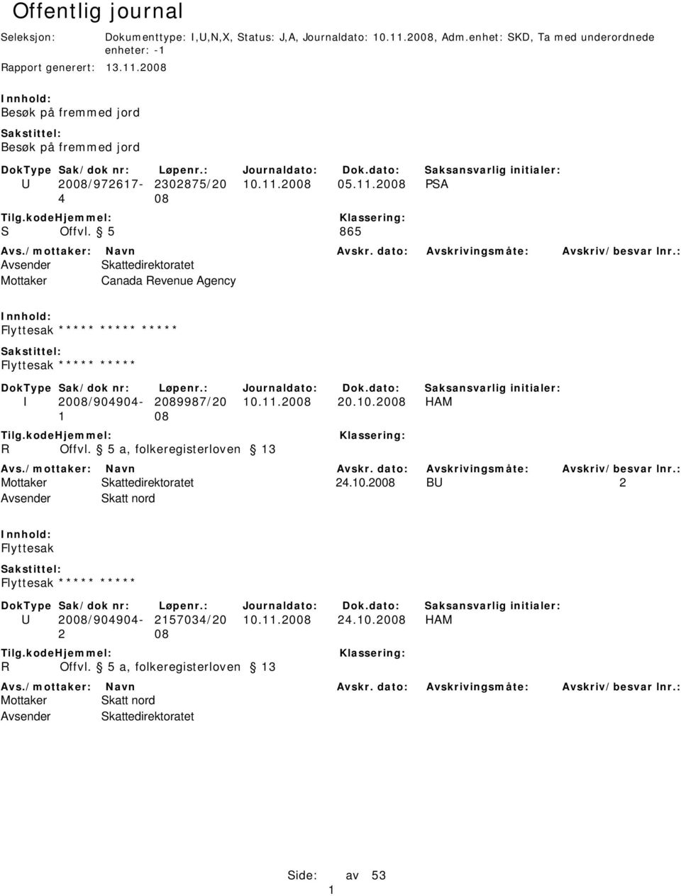 10.2008 HAM R Offvl. 5 a, folkeregisterloven 13 Mottaker Skattedirektoratet 24.10.2008 BU 2 Avsender Skatt nord Flyttesak Flyttesak ***** ***** U 2008/904904-2157034/20 10.