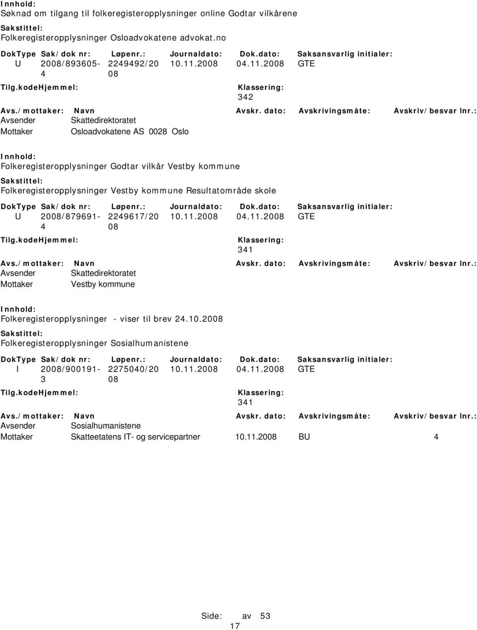 2008 GTE 4 08 342 Mottaker Osloadvokatene AS 0028 Oslo Folkeregisteropplysninger Godtar vilkår Vestby kommune Folkeregisteropplysninger Vestby kommune Resultatområde