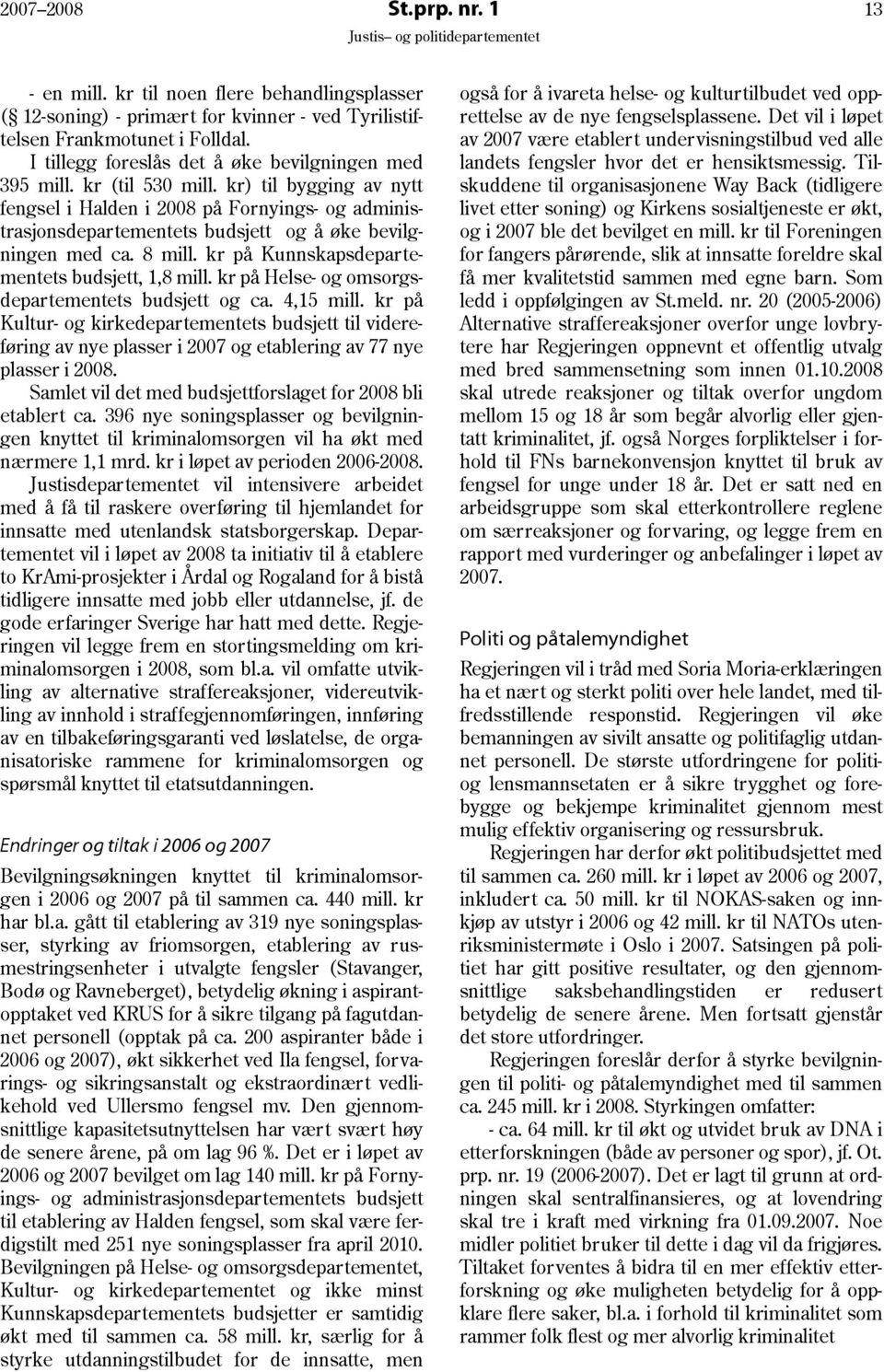 kr) til bygging av nytt fengsel i Halden i 2008 på Fornyings- og administrasjonsdepartementets budsjett og å øke bevilgningen med ca. 8 mill. kr på Kunnskapsdepartementets budsjett, 1,8 mill.