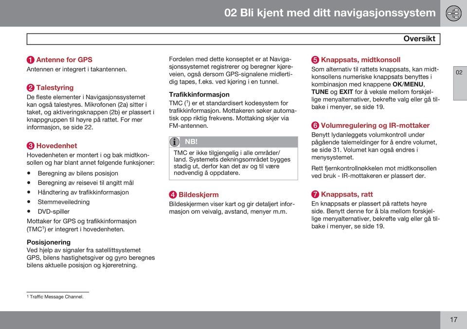 Hovedenhet Hovedenheten er montert i og bak midtkonsollen og har blant annet følgende funksjoner: Beregning av bilens posisjon Beregning av reisevei til angitt mål Håndtering av trafikkinformasjon