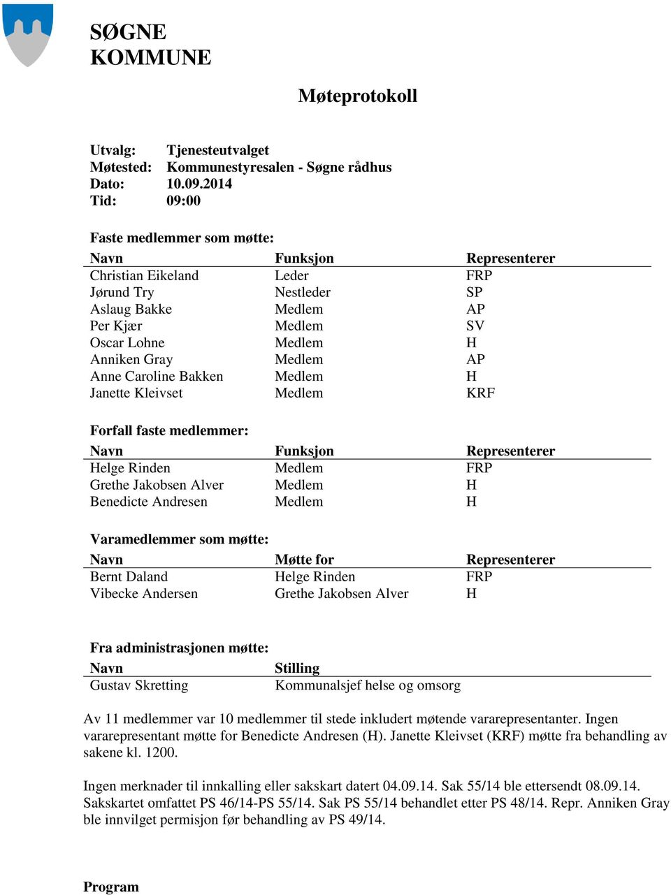 Medlem AP Anne Caroline Bakken Medlem H Janette Kleivset Medlem KRF Forfall faste medlemmer: Navn Funksjon Representerer Helge Rinden Medlem FRP Grethe Jakobsen Alver Medlem H Benedicte Andresen