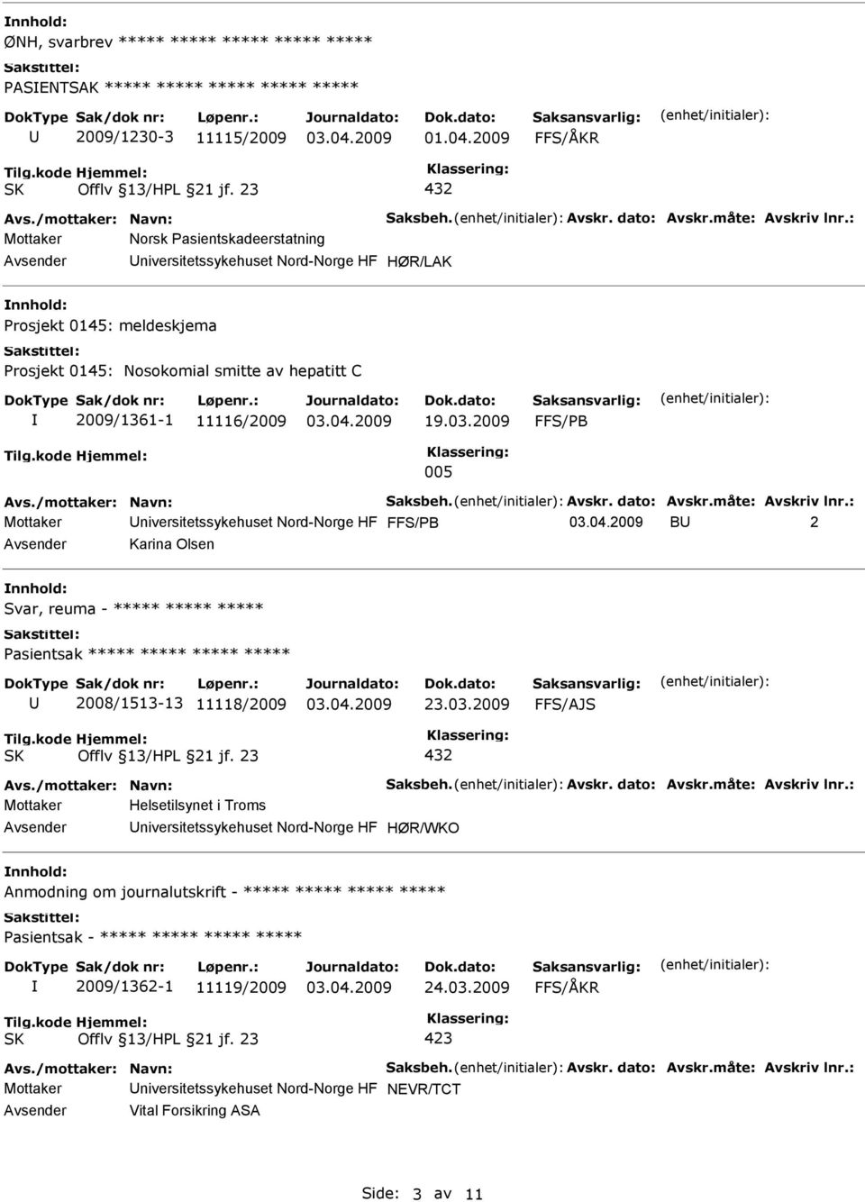 2009 FFS/PB 005 Mottaker niversitetssykehuset Nord-Norge HF FFS/PB B 2 Karina Olsen nnhold: Svar, reuma - ***** ***** ***** Pasientsak ***** ***** ***** ***** 2008/1513-13 11118/2009 23.03.