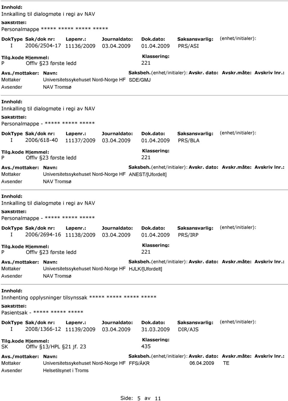 nnkalling til dialogmøte i regi av NAV Personalmappe - ***** ***** ***** 2006/2694-16 11138/2009 PRS/RP P 221 Mottaker niversitetssykehuset Nord-Norge HF HJLK/[fordelt] NAV Tromsø nnhold: