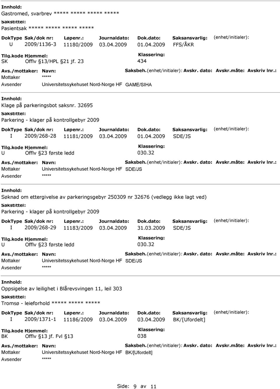 32 Mottaker niversitetssykehuset Nord-Norge HF SDE/JS ***** nnhold: Søknad om ettergivelse av parkeringsgebyr 250309 nr 32676 (vedlegg ikke lagt ved) Parkering - klager på kontrollgebyr 2009