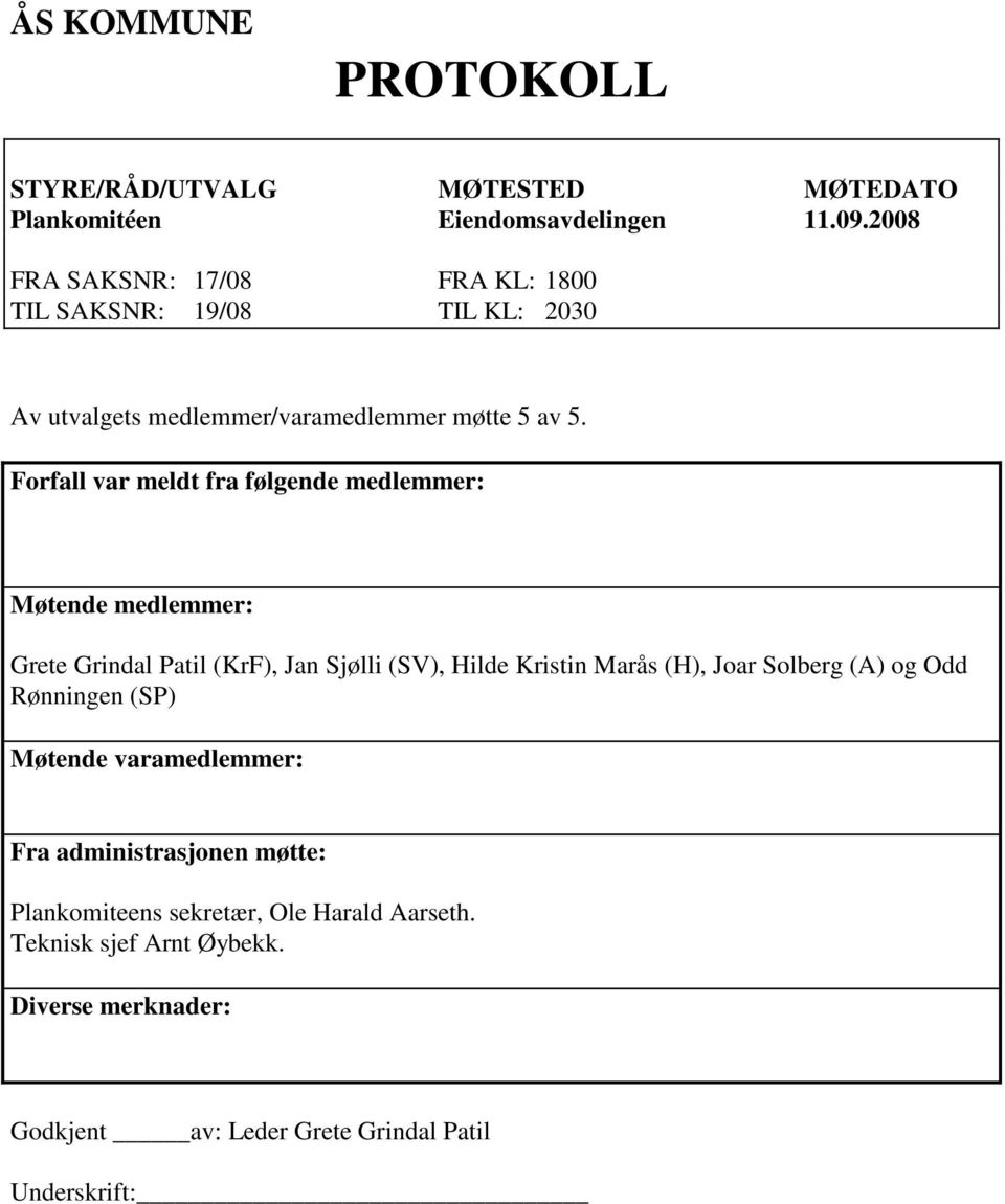 Forfall var meldt fra følgende medlemmer: Møtende medlemmer: Grete Grindal Patil (KrF), Jan Sjølli (SV), Hilde Kristin Marås (H), Joar Solberg