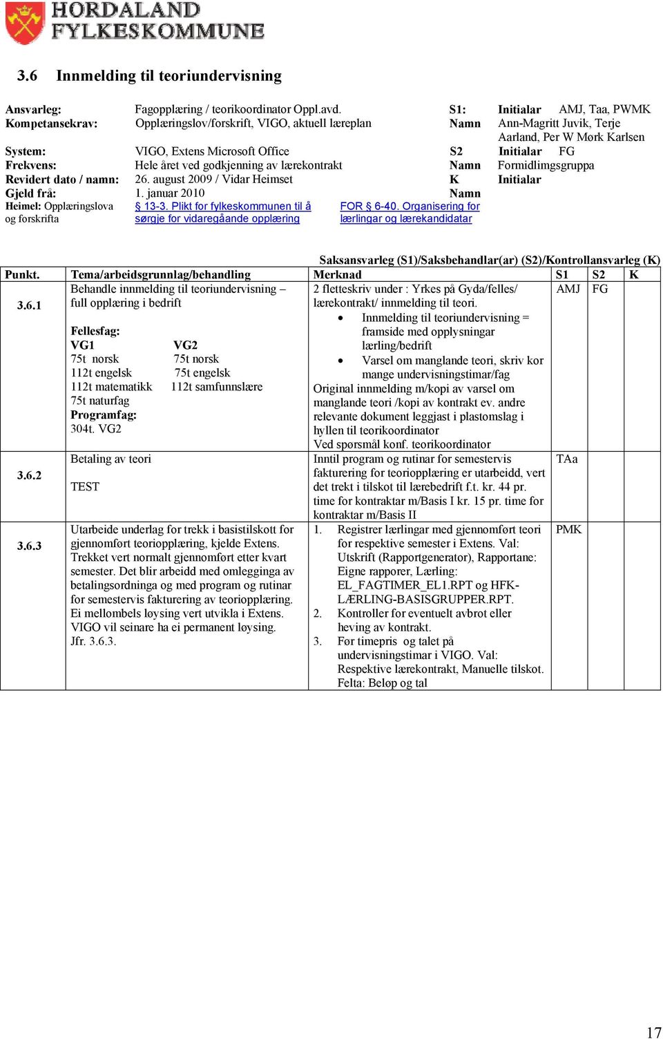 Initialar FG Frekvens: Hele året ved godkjenning av lærekontrakt Namn Formidlimgsgruppa Revidert dato / namn: 26. august 2009 / Vidar Heimset K Initialar Gjeld frå: 1.