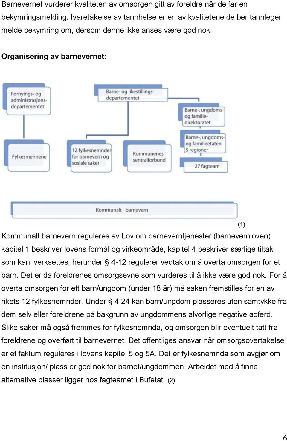 Organisering av barnevernet: Kommunalt barnevern reguleres av Lov om barneverntjenester (barnevernloven) kapitel 1 beskriver lovens formål og virkeområde, kapitel 4 beskriver særlige tiltak som kan