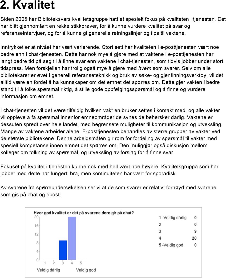 Inntrykket er at nivået har vært varierende. Stort sett har kvaliteten i e-posttjenesten vært noe bedre enn i chat-tjenesten.