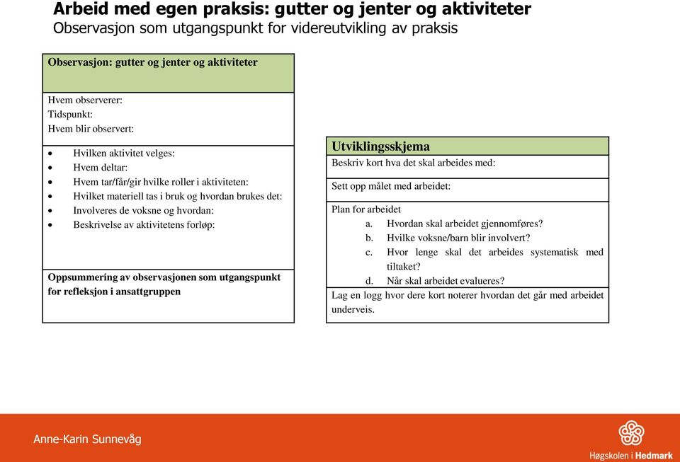 aktivitetens forløp: Oppsummering av observasjonen som utgangspunkt for refleksjon i ansattgruppen Utviklingsskjema Beskriv kort hva det skal arbeides med: Sett opp målet med arbeidet: Plan for