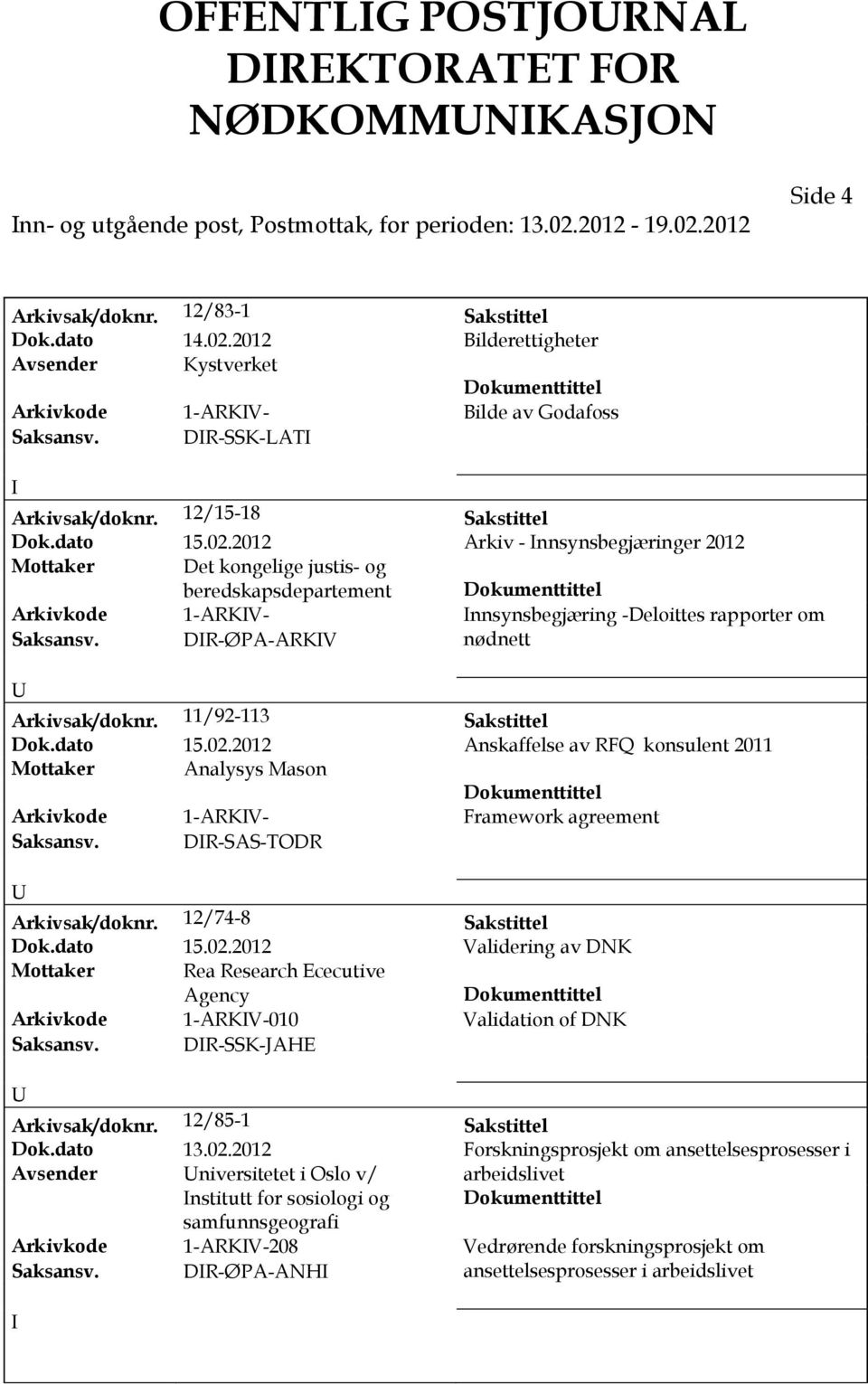 2012 Arkiv - nnsynsbegjæringer 2012 Det kongelige justis- og beredskapsdepartement Arkivkode 1-ARKV- nnsynsbegjæring -Deloittes rapporter om Saksansv. DR-ØPA-ARKV nødnett Arkivsak/doknr.