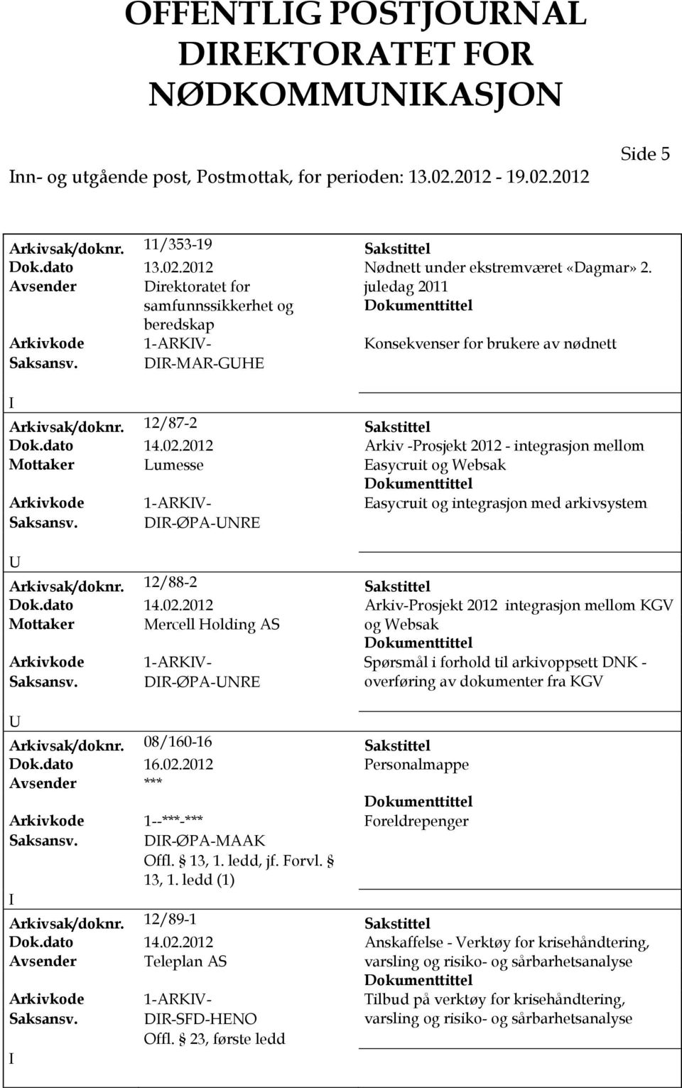 2012 Arkiv -Prosjekt 2012 - integrasjon mellom Lumesse Easycruit og Websak Arkivkode 1-ARKV- Easycruit og integrasjon med arkivsystem Saksansv. DR-ØPA-NRE Arkivsak/doknr. 12/88-2 Sakstittel Dok.