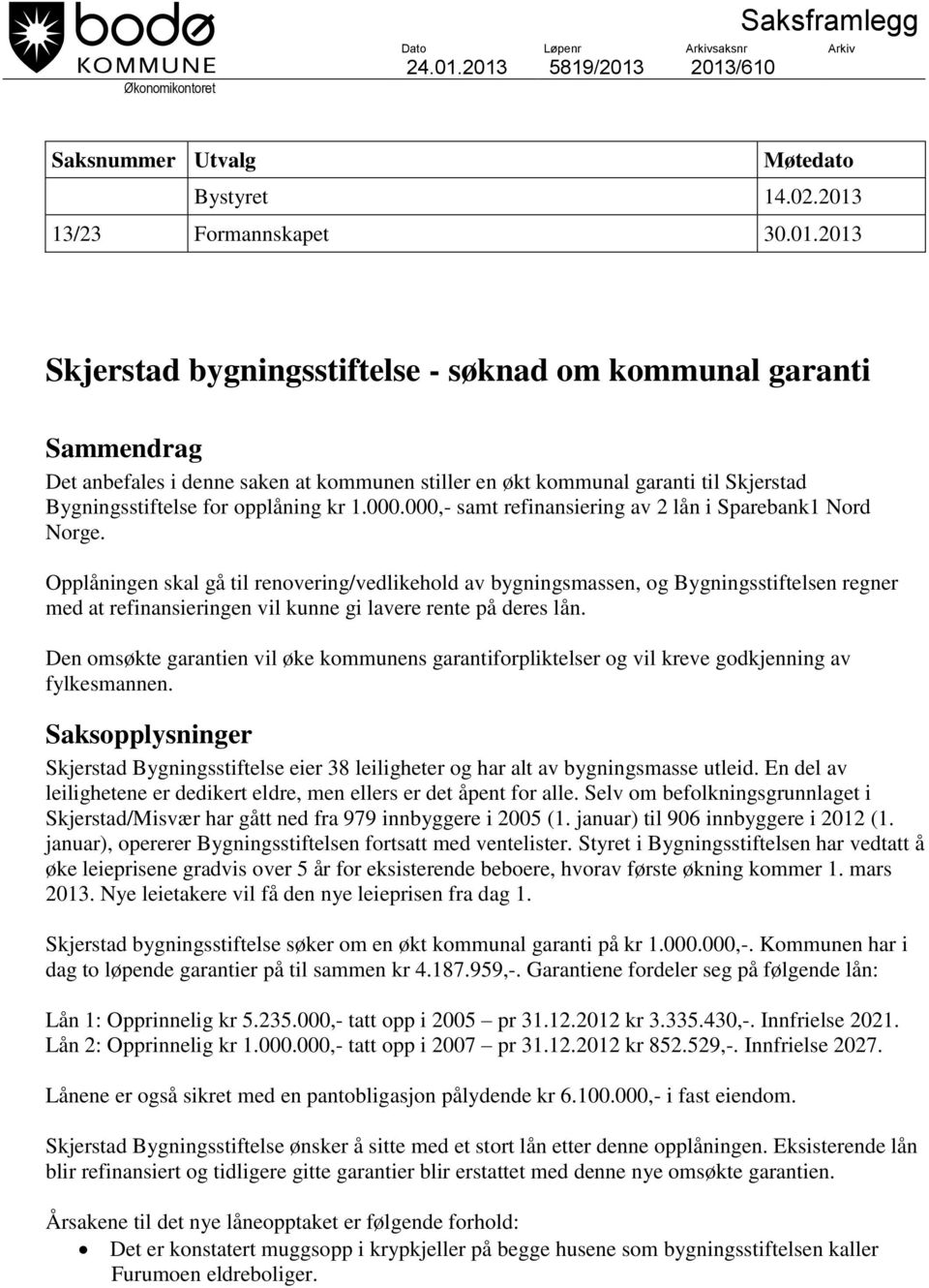 000.000,- samt refinansiering av 2 lån i Sparebank1 Nord Norge.