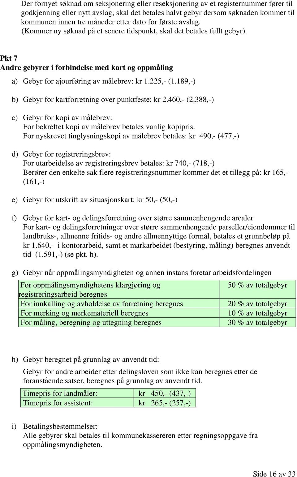 Pkt 7 Andre gebyrer i forbindelse med kart og oppmåling a) Gebyr for ajourføring av målebrev: kr 1.225,- (1.189,-) b) Gebyr for kartforretning over punktfeste: kr 2.460,- (2.