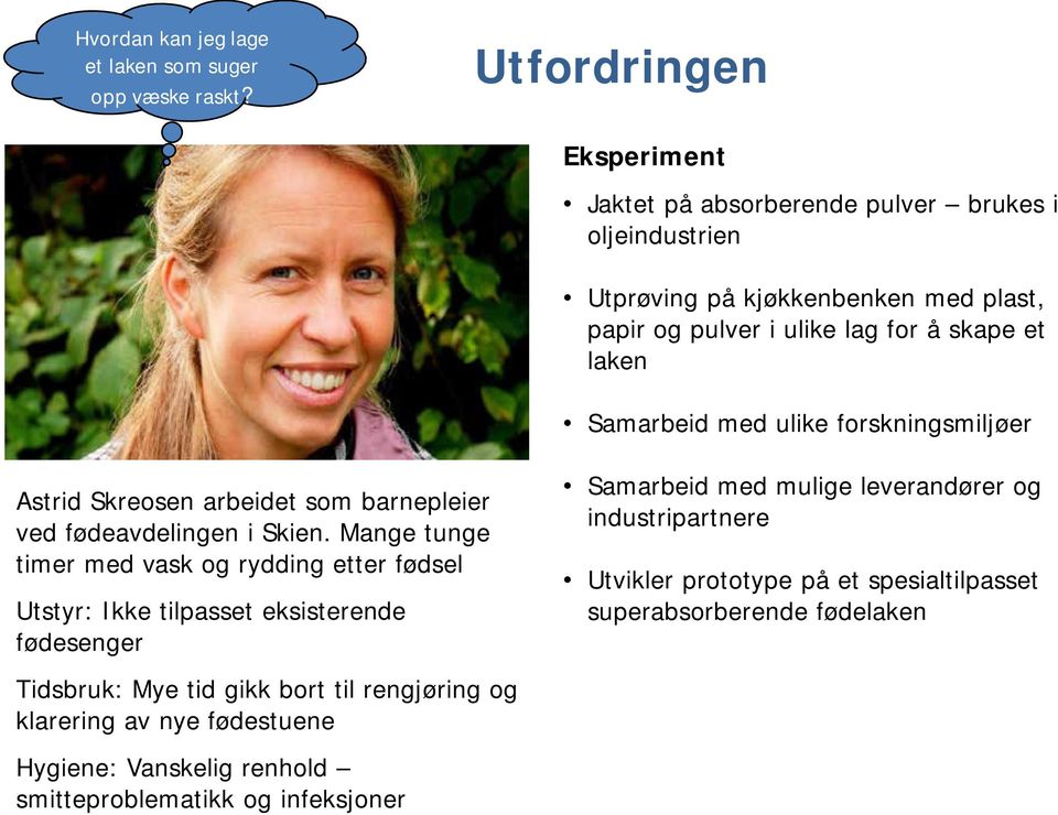 Samarbeid med ulike forskningsmiljøer Astrid Skreosen arbeidet som barnepleier ved fødeavdelingen i Skien.