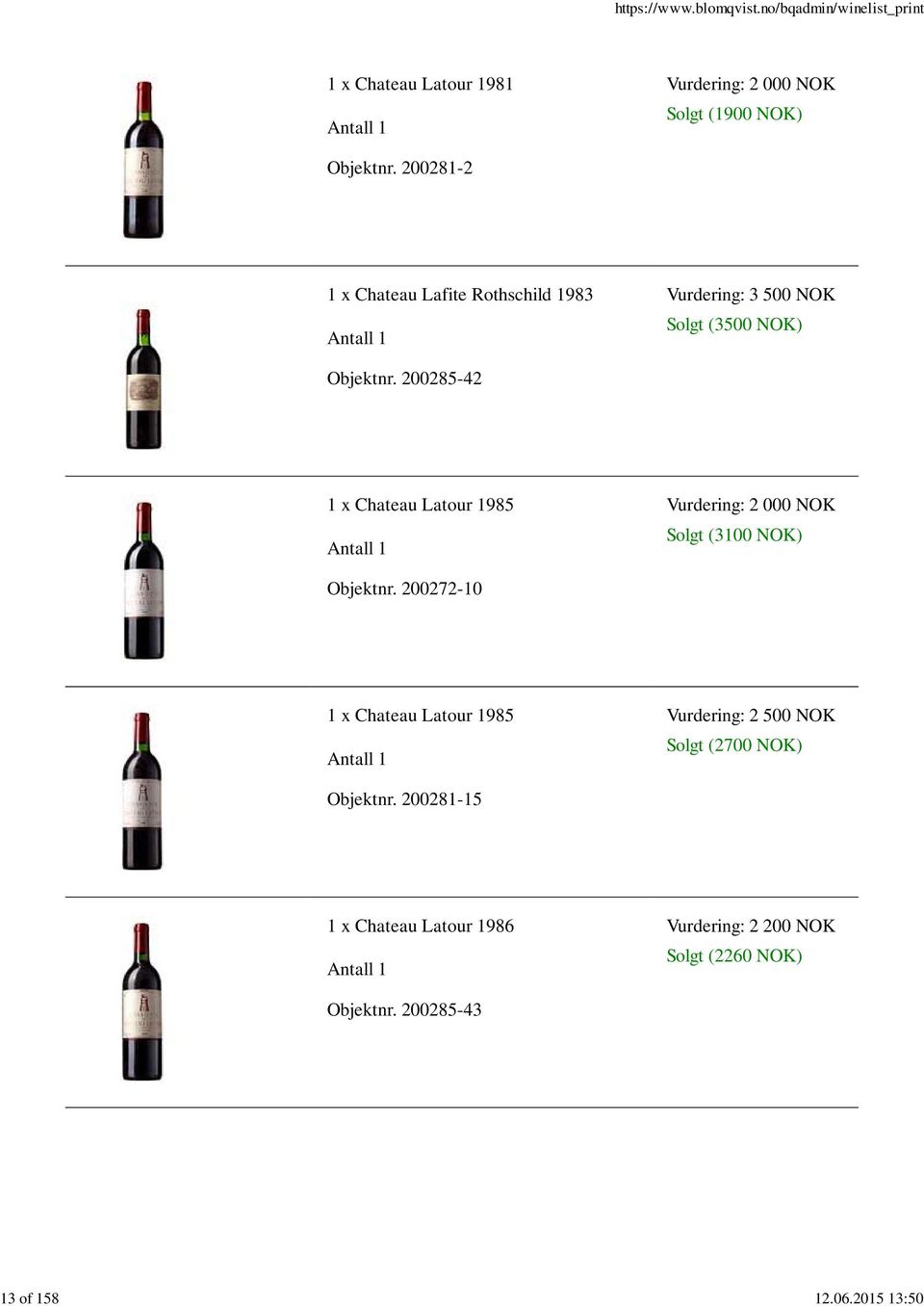 200285-42 1 x Chateau Latour 1985 Solgt (3100 NOK) Objektnr.