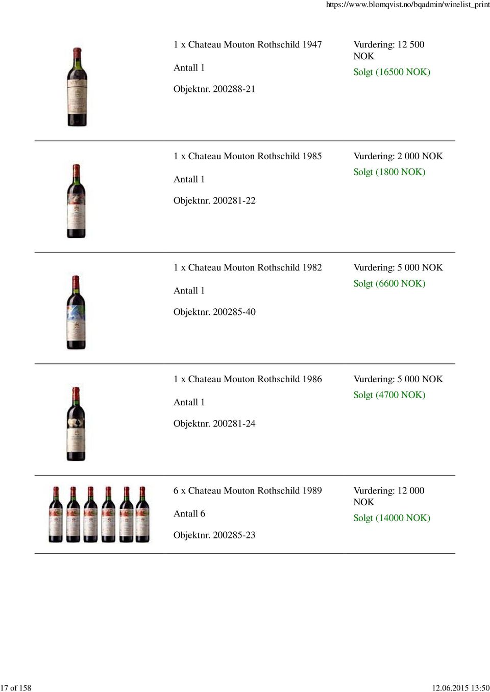 200281-22 1 x Chateau Mouton Rothschild 1982 Vurdering: 5 000 NOK Solgt (6600 NOK) Objektnr.