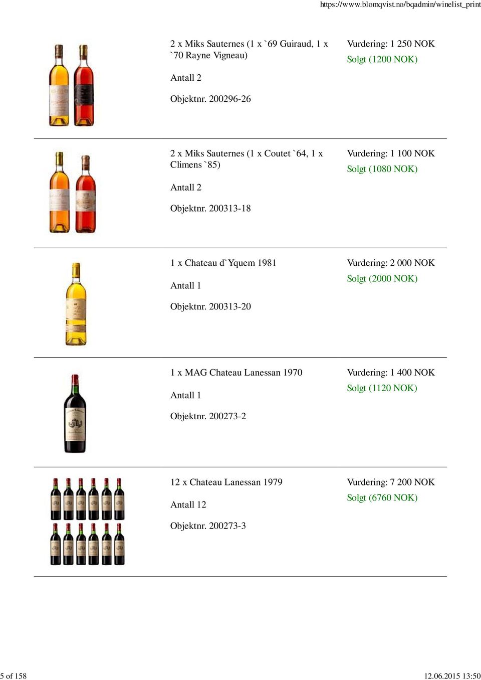 200296-26 2 x Miks Sauternes (1 x Coutet `64, 1 x Climens `85) Vurdering: 1 100 NOK Solgt (1080 NOK) Objektnr.