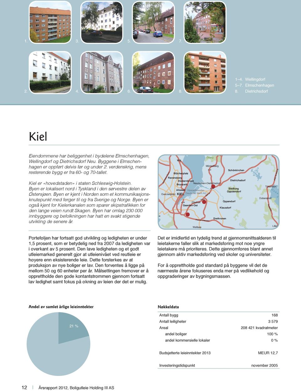 verdenskrig, mens resterende bygg er fra 60- og 70-tallet. Kiel er «hovedstaden» i staten Schleswig-Holstein. Byen er lokalisert nord i Tyskland i den sørvestre delen av Østersjøen.