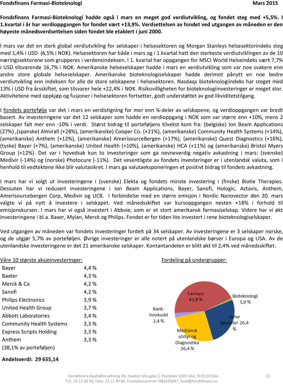 I mars var det en sterk global verdiutvikling for selskaper i helsesektoren og Morgan Stanleys helsesektorindeks steg med 1,4 i USD (6,5 i NOK). Helsesektoren har både i mars og i 1.