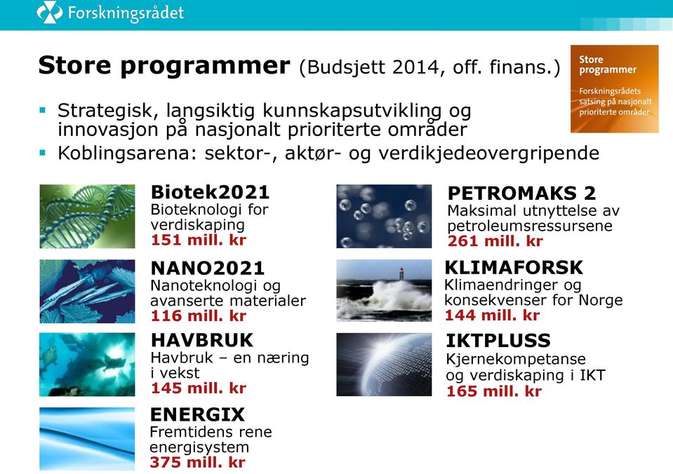 Biotek2021 Bioteknologi for verdiskaping 151 mill. kr NANO2021 Nanoteknologi og avanserte materialer 116 mill.