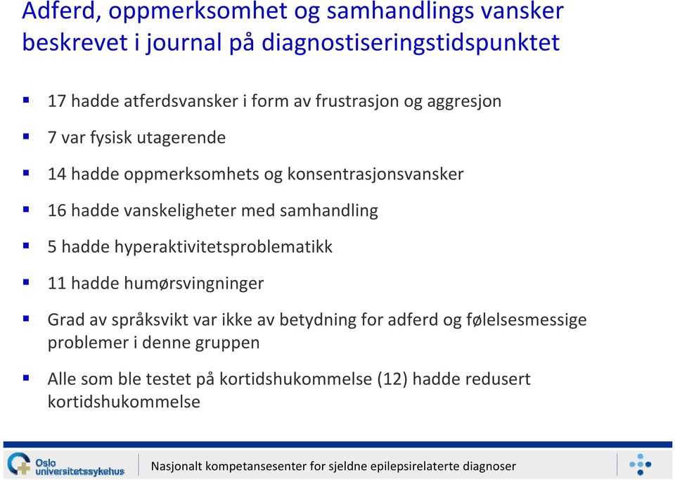 vanskeligheter med samhandling 5 hadde hyperaktivitetsproblematikk 11 hadde humørsvingninger Grad av språksvikt var ikke av