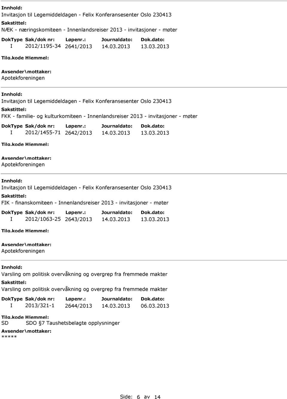 til Legemiddeldagen - Felix Konferansesenter Oslo 230413 FK - finanskomiteen - nnenlandsreiser 2013 - invitasjoner - møter 2012/1063-25 2643/2013 Apotekforeningen Varsling om politisk