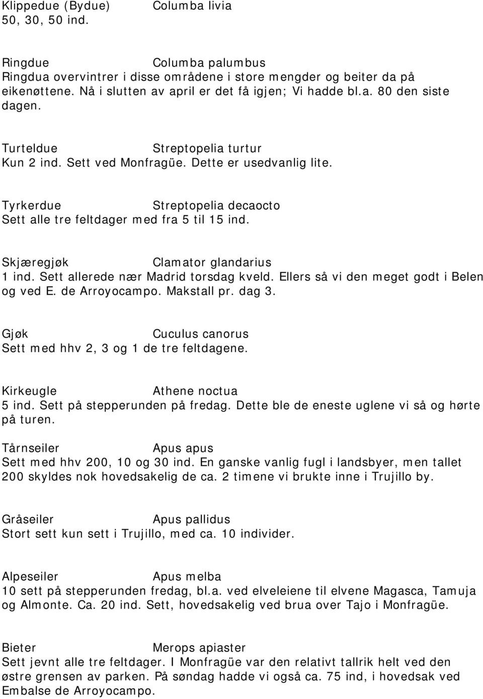 Tyrkerdue Streptopelia decaocto Sett alle tre feltdager med fra 5 til 15 ind. Skjæregjøk Clamator glandarius 1 ind. Sett allerede nær Madrid torsdag kveld.