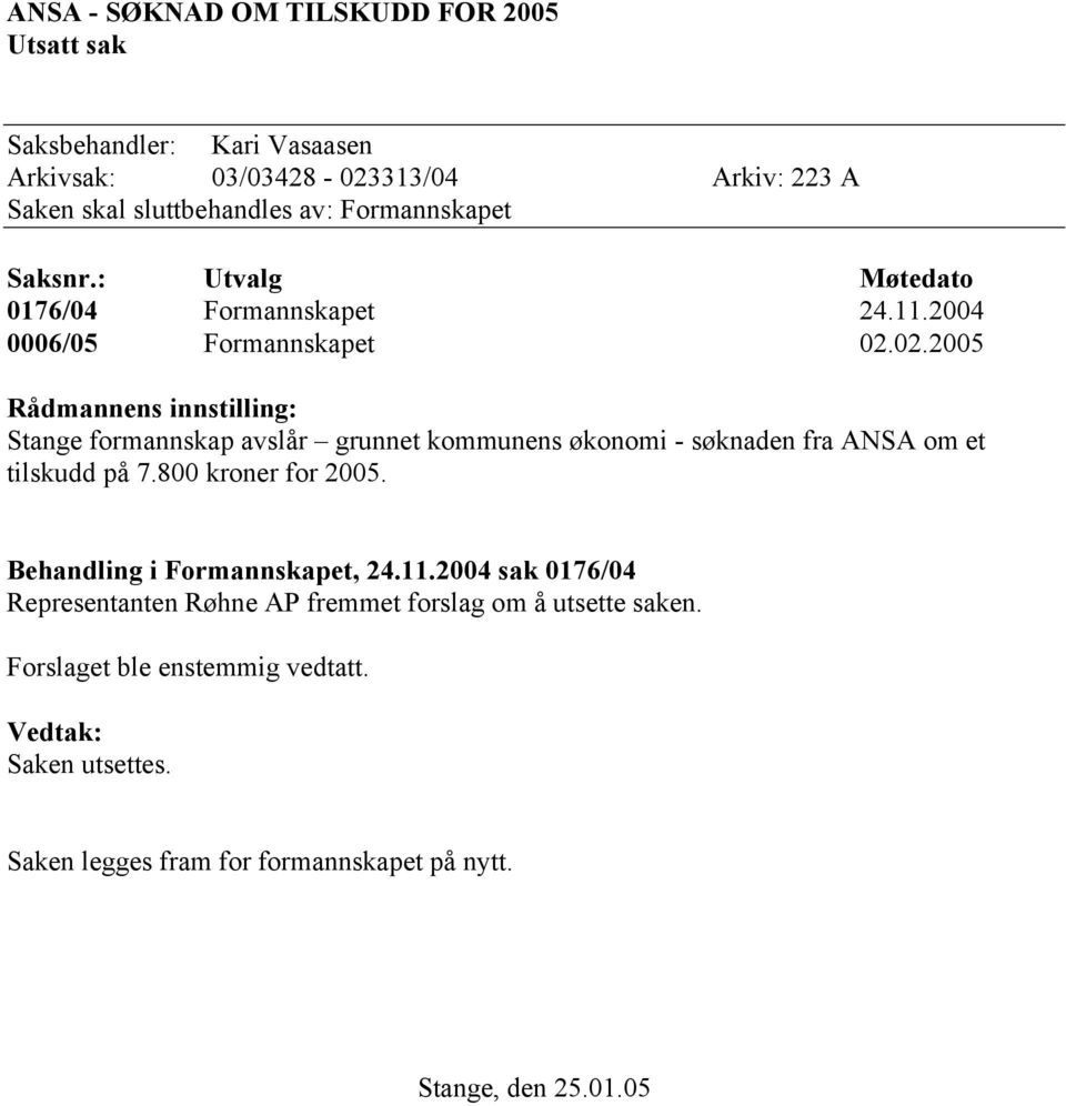 02.2005 Rådmannens innstilling: Stange formannskap avslår grunnet kommunens økonomi - søknaden fra ANSA om et tilskudd på 7.800 kroner for 2005.