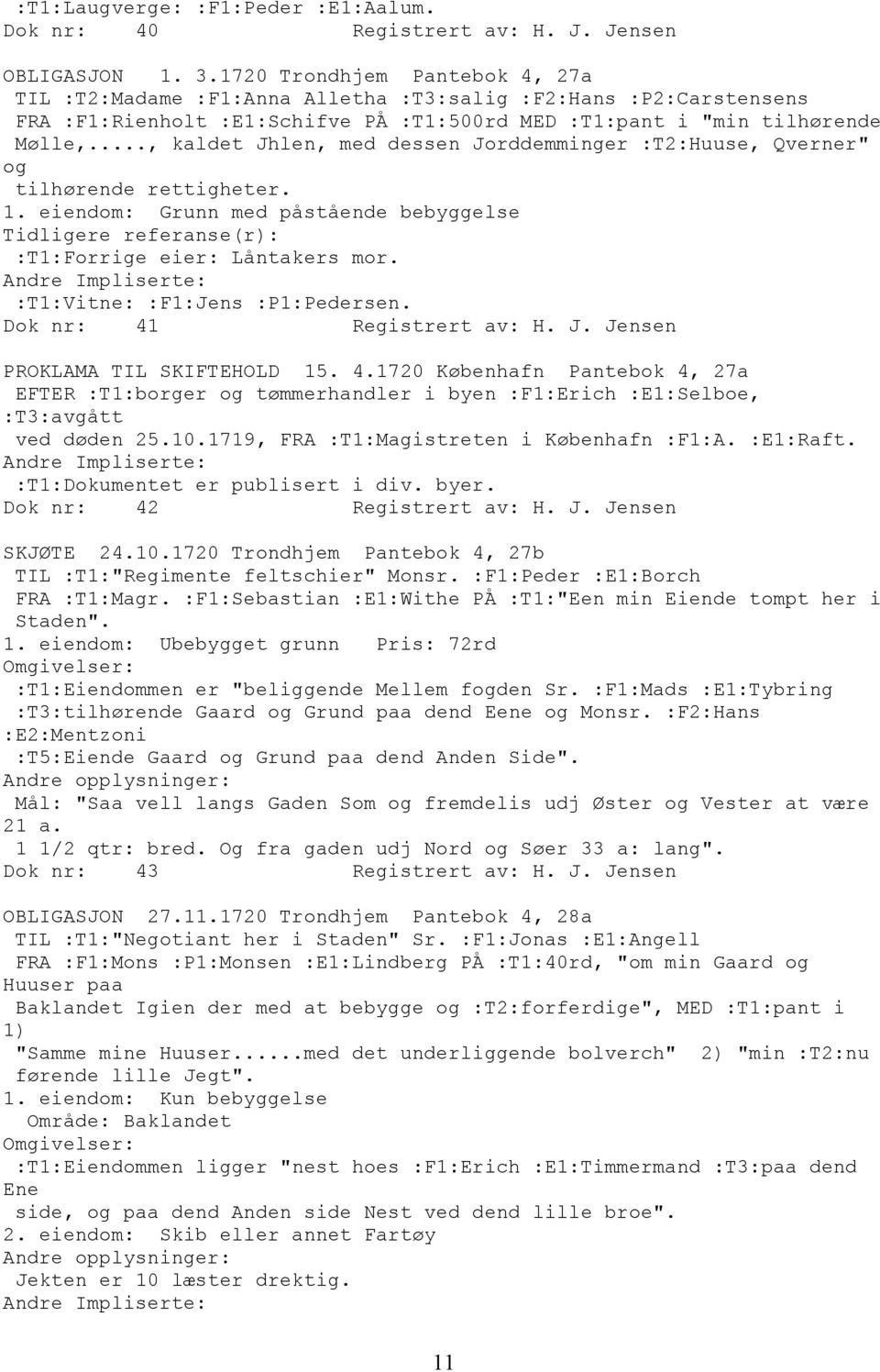 .., kaldet Jhlen, med dessen Jorddemminger :T2:Huuse, Qverner" og tilhørende rettigheter. :T1:Forrige eier: Låntakers mor. :T1:Vitne: :F1:Jens :P1:Pedersen. Dok nr: 41