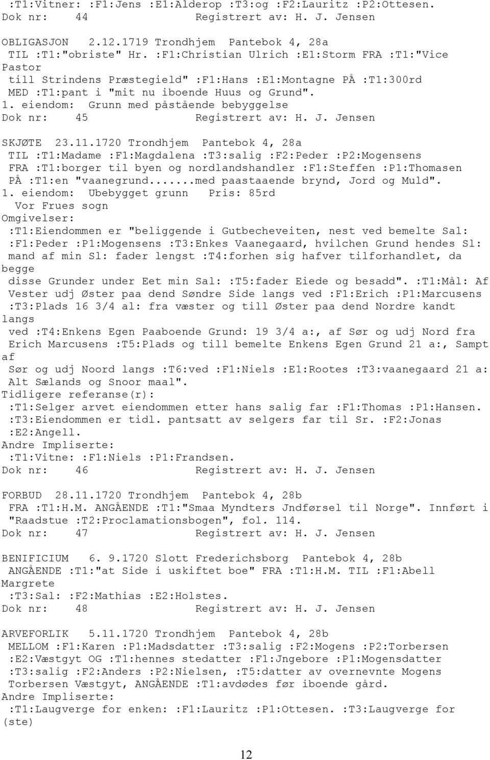 1720 Trondhjem Pantebok 4, 28a TIL :T1:Madame :F1:Magdalena :T3:salig :F2:Peder :P2:Mogensens FRA :T1:borger til byen og nordlandshandler :F1:Steffen :P1:Thomasen PÅ :T1:en "vaanegrund.