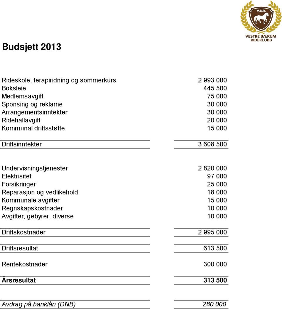 000 Elektrisitet 97 000 Forsikringer 25 000 Reparasjon og vedlikehold 18 000 Kommunale avgifter 15 000 Regnskapskostnader 10 000