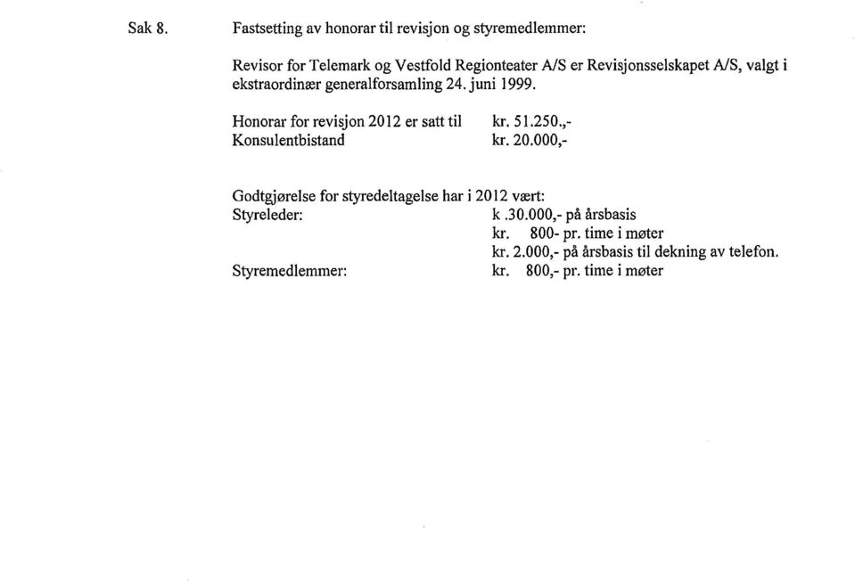 Revisjonsselskapet A/S, valgt i ekstraordinær generalforsamling 24. juni 1999. Honorar for revisjon 2012 er satt til kr.