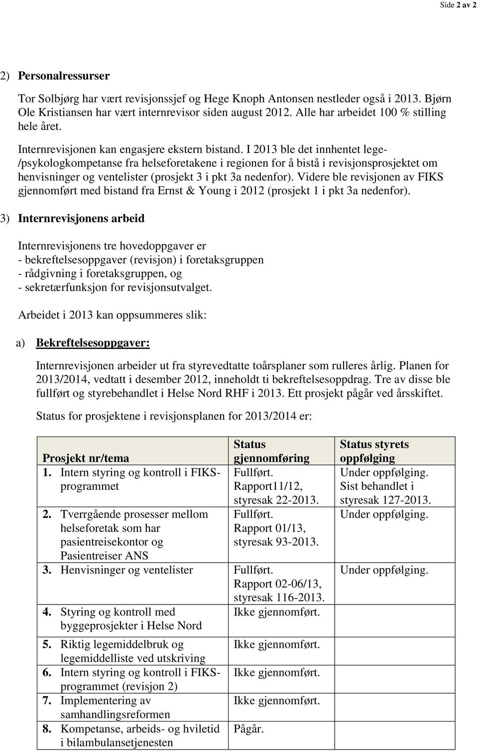 I 2013 ble det innhentet lege- /psykologkompetanse fra helseforetakene i regionen for å bistå i revisjonsprosjektet om henvisninger og ventelister (prosjekt 3 i pkt 3a nedenfor).