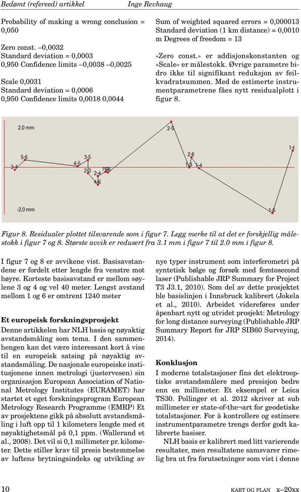 Standard deviation (1 km distance) = 0,0010 m Degrees of freedom = 13 «Zero const.» er addisjonskonstanten og «Scale» er målestokk.