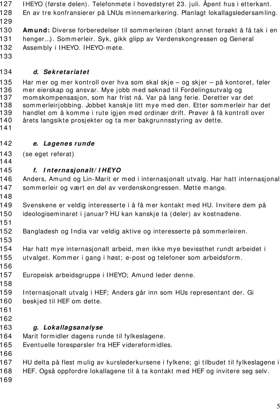 Amund: Diverse forberedelser til sommerleiren (blant annet forsøkt å få tak i en henger ). Sommerleir. Syk, gikk glipp av Verdenskongressen og General Assembly i IHEYO. IHEYO-møte. d.